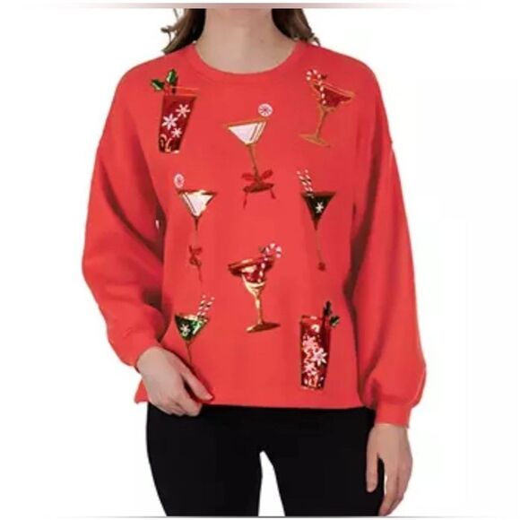 STATE OF MINE Women’s XL Holiday Sweatshirt Red Cocktails Sequins NWT Christmas - Picture 1 of 10